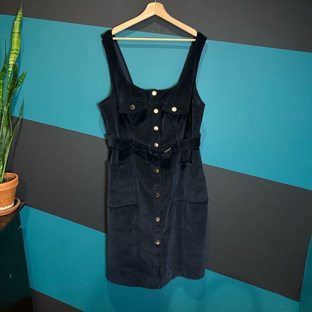 Maeve Anthropologie Corduroy Navy Blue Slim Pinafore Midi Dress size 16 W Preppy - Picture 15 of 15